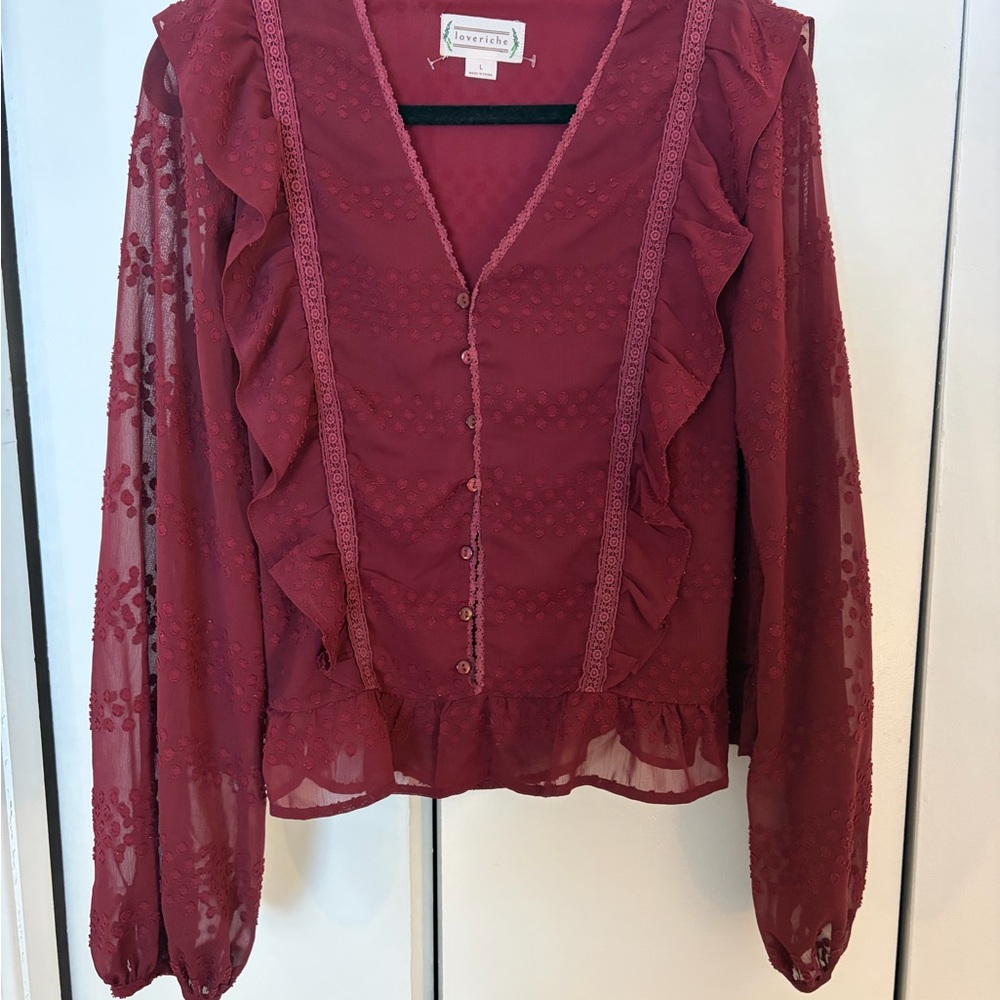 Polka Dot Lace Maroon Burgundy Ruffle Blouse